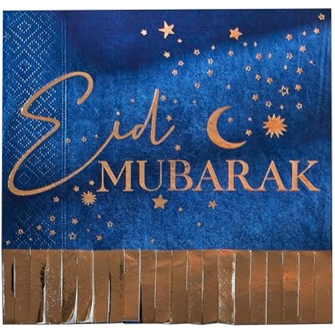 EID MUBARAK NAVY AND GOLD FRINGE NAPKINS16 PACK, BLUE - Image 1